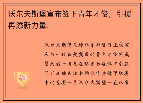 沃尔夫斯堡宣布签下青年才俊，引援再添新力量!