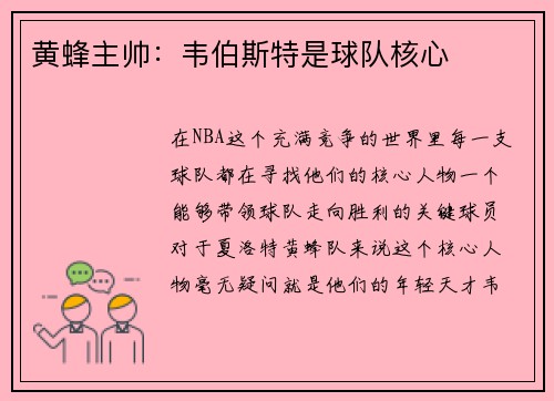 黄蜂主帅：韦伯斯特是球队核心