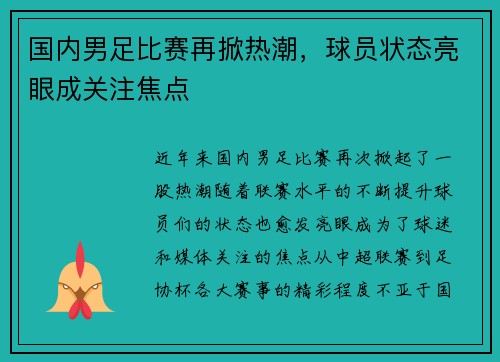 国内男足比赛再掀热潮，球员状态亮眼成关注焦点