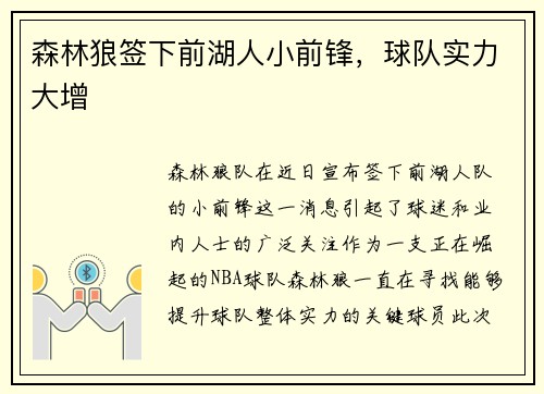 森林狼签下前湖人小前锋，球队实力大增
